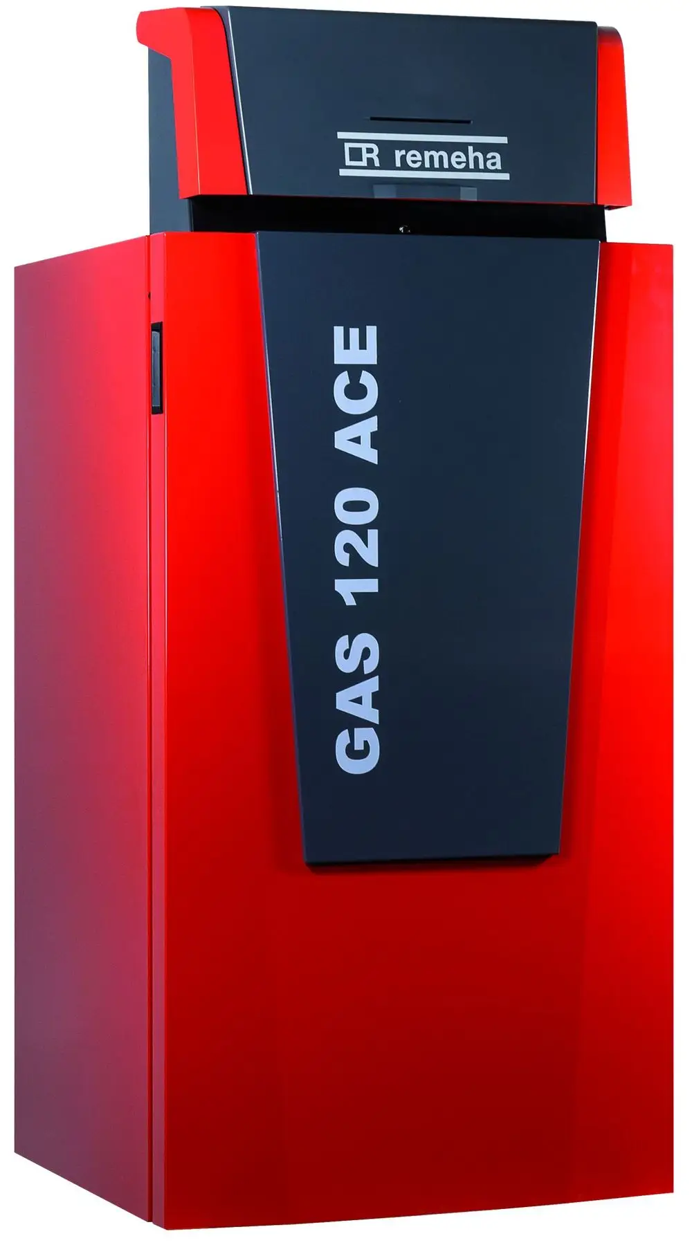 Remeha Gas-Brennwert-Standkessel in rotem Gehäuse. Front mit schwarzer Abdeckung und Beschriftung. Gerät für die Heizungsinstallation.